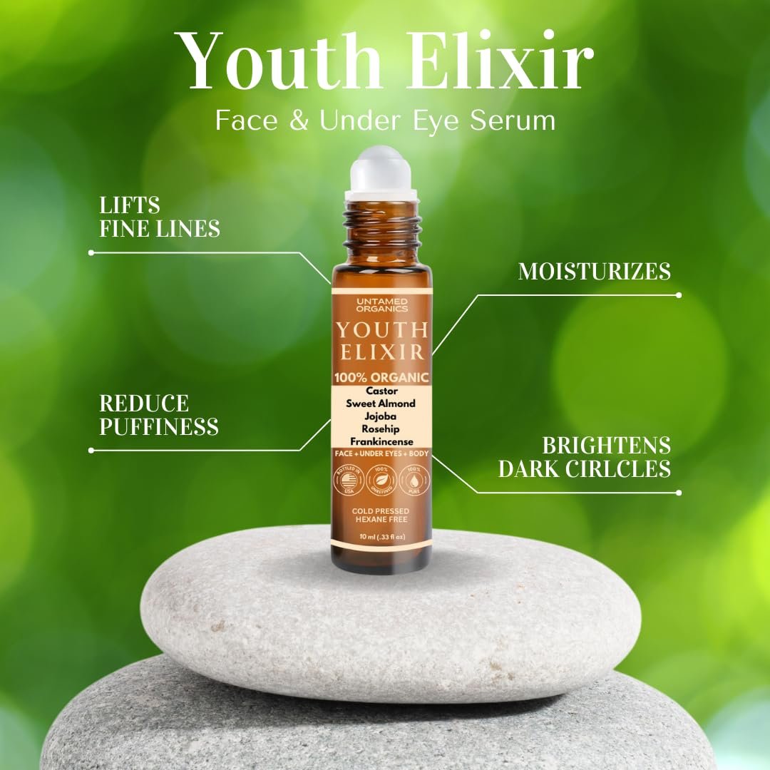 Untamed Organics Youth Elixir - Roll On Facial Serum for Under Eyes and Face with Certified Organic, Cold Pressed, Hexane Free Castor and Frankincense Oil - Miracle Anti-Aging Oil 10mL Avelisse
