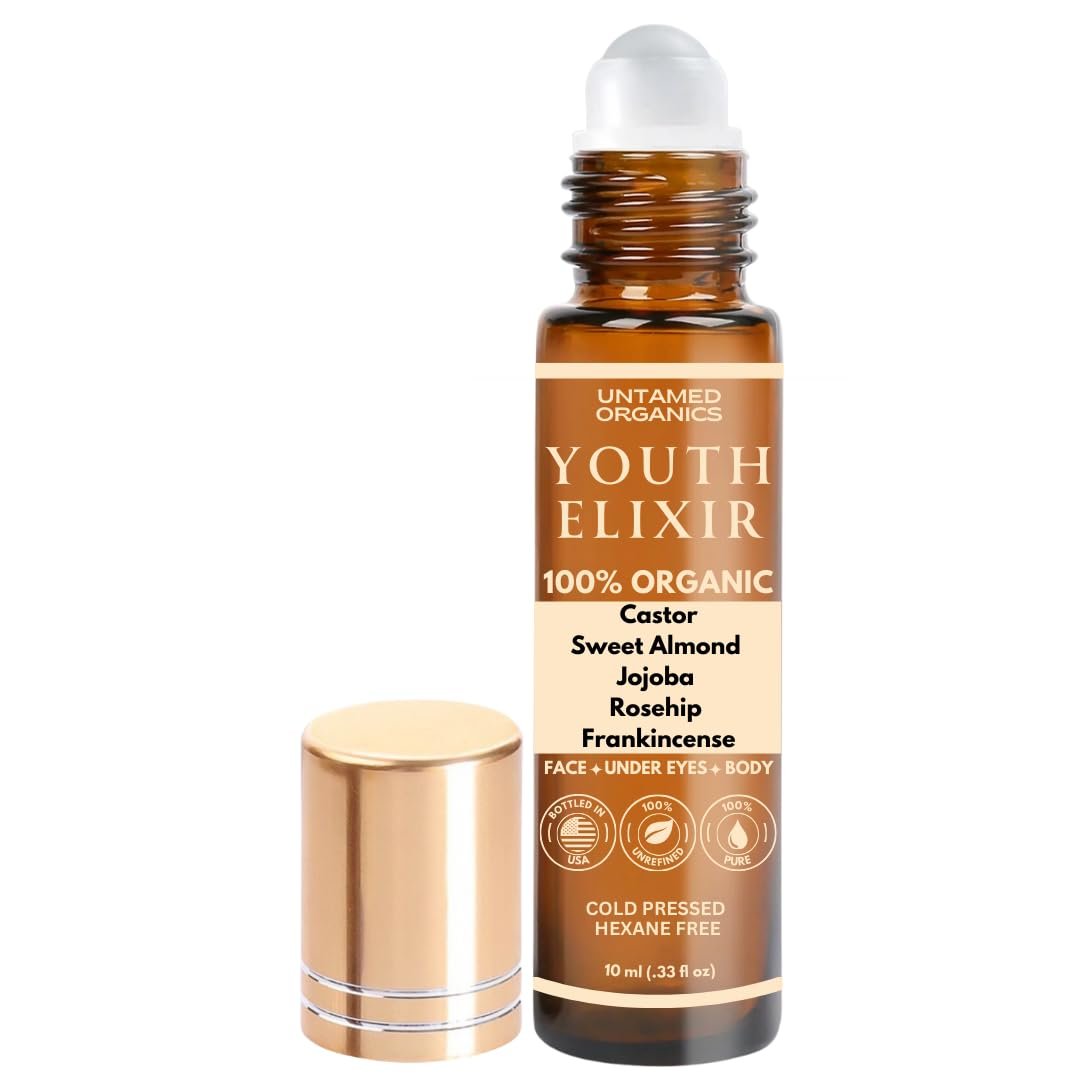 Untamed Organics Youth Elixir - Roll On Facial Serum for Under Eyes and Face with Certified Organic, Cold Pressed, Hexane Free Castor and Frankincense Oil - Miracle Anti-Aging Oil 10mL Avelisse