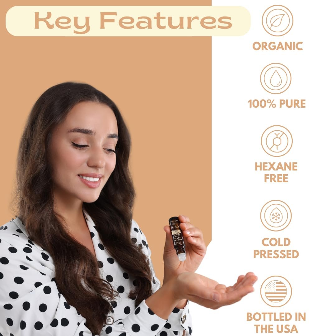 Untamed Organics Youth Elixir - Roll On Facial Serum for Under Eyes and Face with Certified Organic, Cold Pressed, Hexane Free Castor and Frankincense Oil - Miracle Anti-Aging Oil 10mL Avelisse