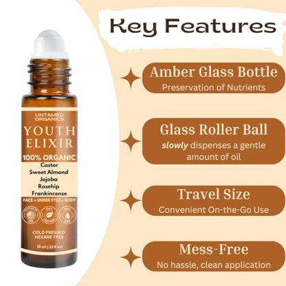 Untamed Organics Youth Elixir - Roll On Facial Serum for Under Eyes and Face with Certified Organic, Cold Pressed, Hexane Free Castor and Frankincense Oil - Miracle Anti-Aging Oil 10mL Avelisse