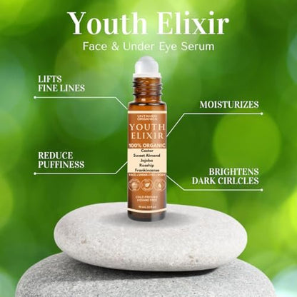 Untamed Organics Youth Elixir - Roll On Facial Serum for Under Eyes and Face with Certified Organic, Cold Pressed, Hexane Free Castor and Frankincense Oil - Miracle Anti-Aging Oil 10mL Avelisse