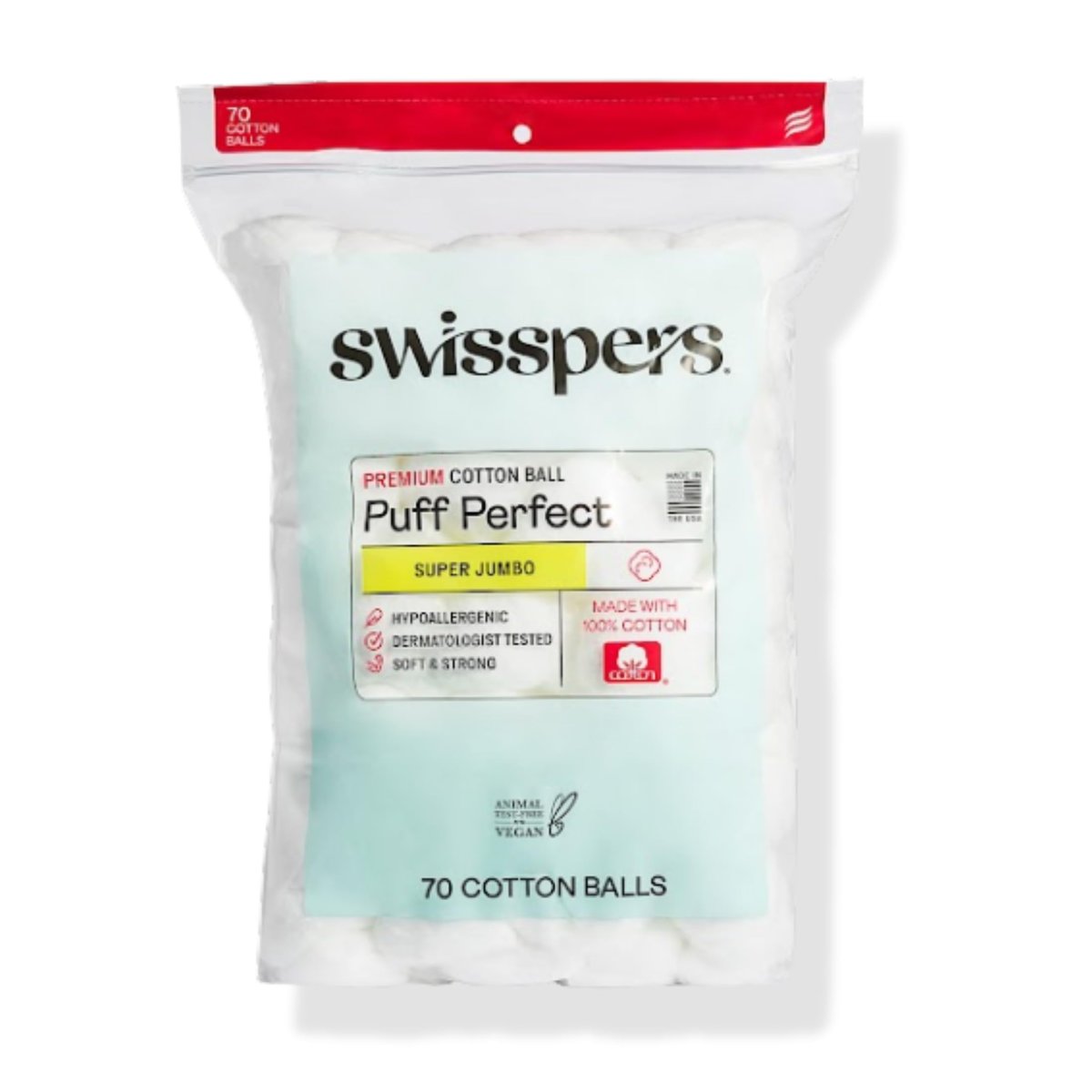 Swisspers Puff Perfect Super Jumbo Cotton Balls - 100% Natural, USA-Made Beauty & Household Puffs - Premium Hypoallergenic Multi-Purpose Balls for Skincare, Pets & Crafts (70 Count) 6 Pack Avelisse