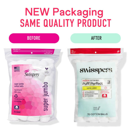 Swisspers Puff Perfect Super Jumbo Cotton Balls - 100% Natural, USA-Made Beauty & Household Puffs - Premium Hypoallergenic Multi-Purpose Balls for Skincare, Pets & Crafts (70 Count) 6 Pack Avelisse