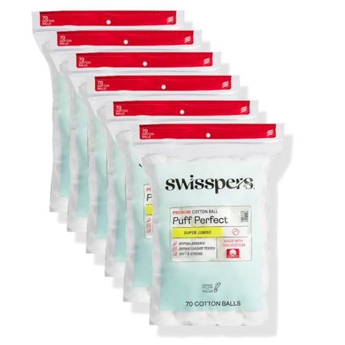 Swisspers Puff Perfect Super Jumbo Cotton Balls - 100% Natural, USA-Made Beauty & Household Puffs - Premium Hypoallergenic Multi-Purpose Balls for Skincare, Pets & Crafts (70 Count) 6 Pack Avelisse