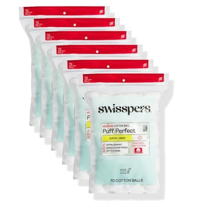 Swisspers Puff Perfect Super Jumbo Cotton Balls - 100% Natural, USA-Made Beauty & Household Puffs - Premium Hypoallergenic Multi-Purpose Balls for Skincare, Pets & Crafts (70 Count) 6 Pack Avelisse