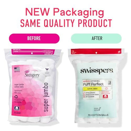 Swisspers Puff Perfect Super Jumbo Cotton Balls - 100% Natural, USA-Made Beauty & Household Puffs - Premium Hypoallergenic Multi-Purpose Balls for Skincare, Pets & Crafts (70 Count) 6 Pack Avelisse