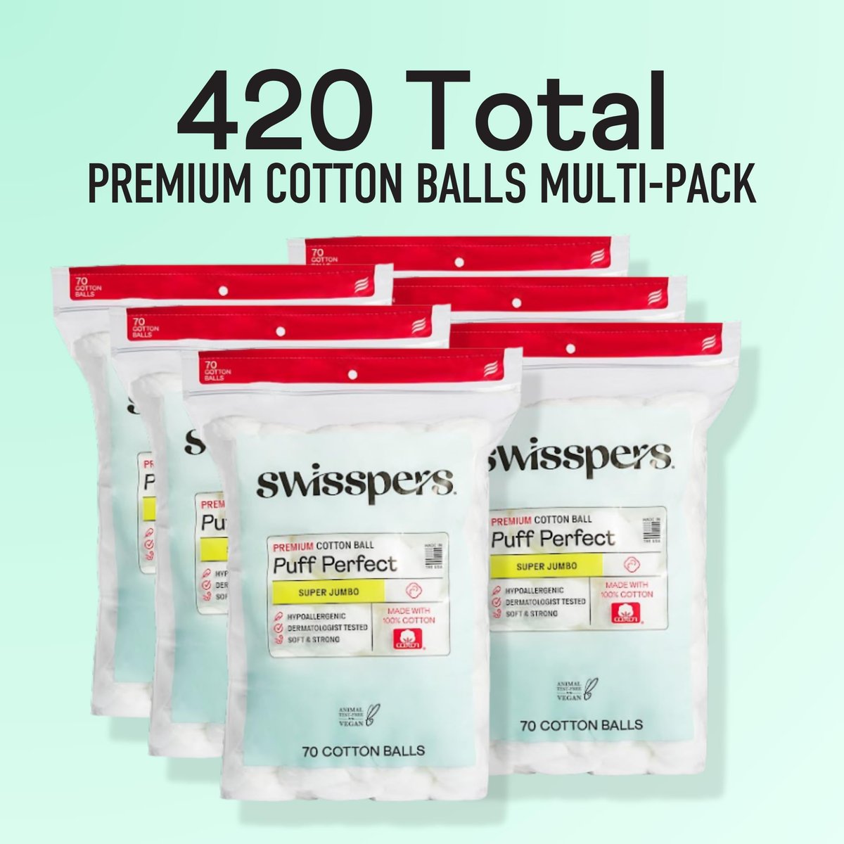 Swisspers Puff Perfect Super Jumbo Cotton Balls - 100% Natural, USA-Made Beauty & Household Puffs - Premium Hypoallergenic Multi-Purpose Balls for Skincare, Pets & Crafts (70 Count) 6 Pack Avelisse