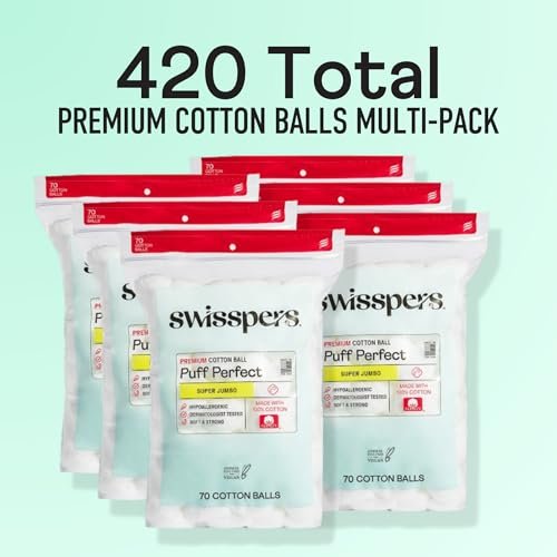 Swisspers Puff Perfect Super Jumbo Cotton Balls - 100% Natural, USA-Made Beauty & Household Puffs - Premium Hypoallergenic Multi-Purpose Balls for Skincare, Pets & Crafts (70 Count) 6 Pack Avelisse