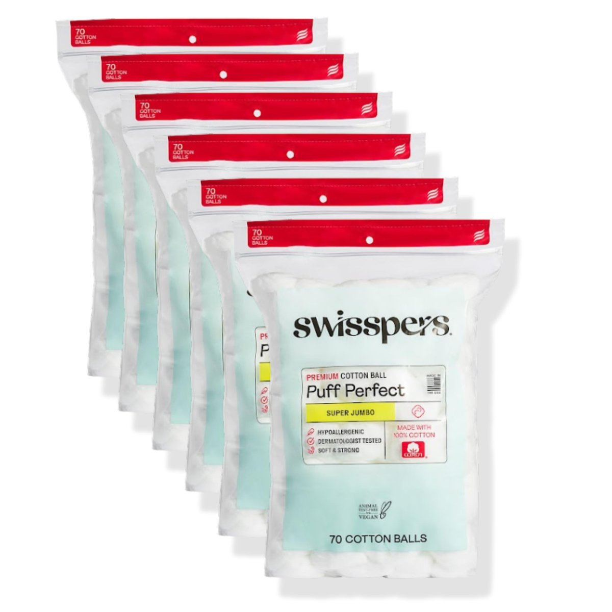 Swisspers Puff Perfect Super Jumbo Cotton Balls - 100% Natural, USA-Made Beauty & Household Puffs - Premium Hypoallergenic Multi-Purpose Balls for Skincare, Pets & Crafts (70 Count) 6 Pack Avelisse