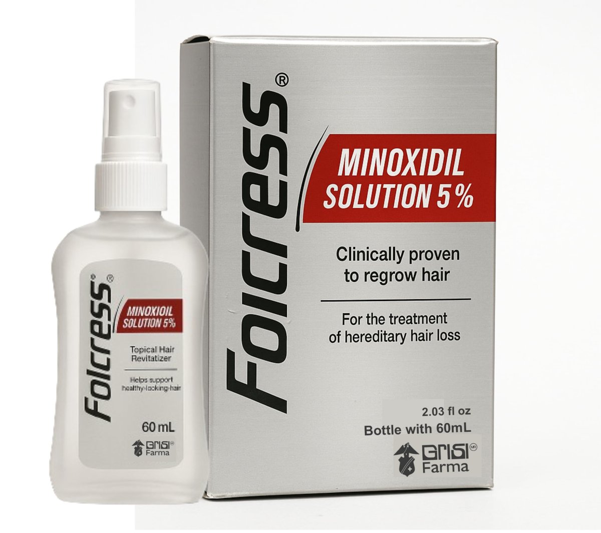 Folcress Minoxidil 5% Topical Solution for Hair Regrowth, 60 ml (2.2 Fl Oz) - Grey Avelisse