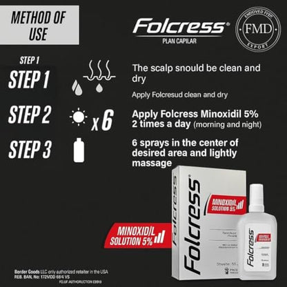 Folcress Minoxidil 5% Topical Solution for Hair Regrowth, 60 ml (2.2 Fl Oz) - Grey Avelisse