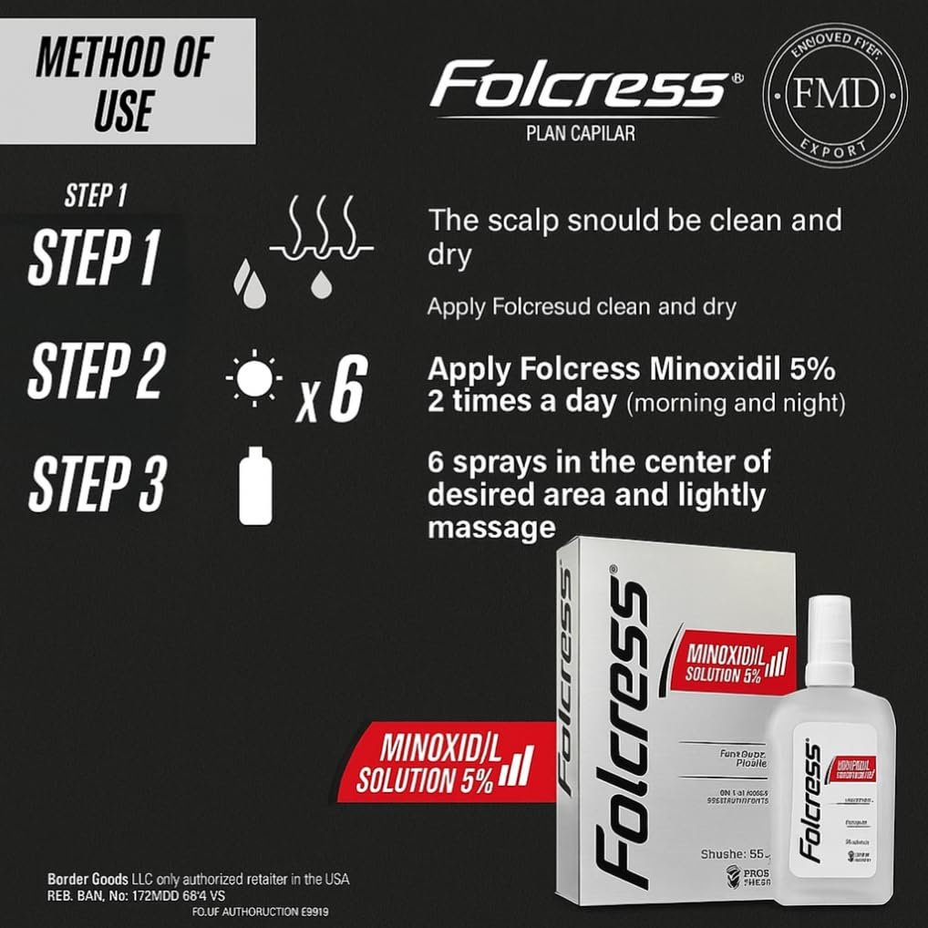 Folcress Minoxidil 5% Topical Solution for Hair Regrowth, 60 ml (2.2 Fl Oz) - Grey Avelisse