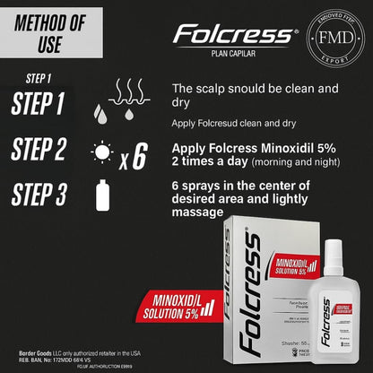 Folcress Minoxidil 5% Topical Solution for Hair Regrowth, 60 ml (2.2 Fl Oz) - Grey Avelisse