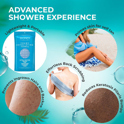 BONDI Exfoliating Shower Towel for Smooth Skin – Extra Long – Perfect for Back Scrubbing – Made in Japan