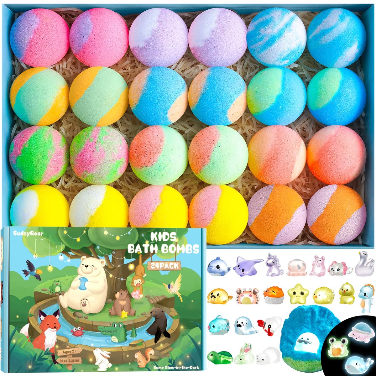 SudsyRoar Bath Bombs for Kids with Surprise Inside – 24 Pack Handmade Fizzy Bath Balls with Glow-in-the-Dark Land & Sea Toys, Birthday Party Favors for Boys and Girls Avelisse