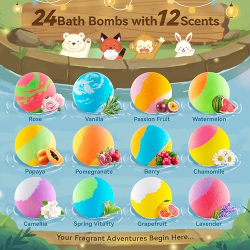 SudsyRoar Bath Bombs for Kids with Surprise Inside – 24 Pack Handmade Fizzy Bath Balls with Glow-in-the-Dark Land & Sea Toys, Birthday Party Favors for Boys and Girls Avelisse