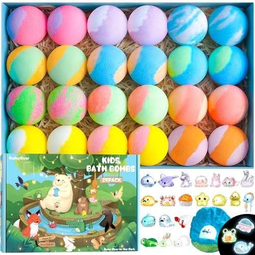 SudsyRoar Bath Bombs for Kids with Surprise Inside – 24 Pack Handmade Fizzy Bath Balls with Glow-in-the-Dark Land & Sea Toys, Birthday Party Favors for Boys and Girls Avelisse