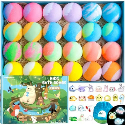 SudsyRoar Bath Bombs for Kids with Surprise Inside – 24 Pack Handmade Fizzy Bath Balls with Glow-in-the-Dark Land & Sea Toys, Birthday Party Favors for Boys and Girls Avelisse
