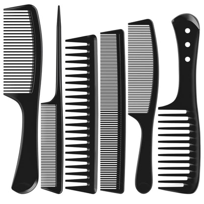 Kolavia 6 PCS Hair Comb Set Black - Durable Carbon Fiber Wide & Fine Tooth Rat Tail Combs for Detangling, Parting, Teasing, Styling & Cutting