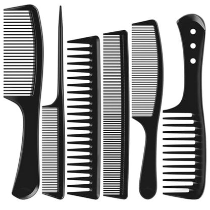 Kolavia 6 PCS Hair Comb Set Black - Durable Carbon Fiber Wide & Fine Tooth Rat Tail Combs for Detangling, Parting, Teasing, Styling & Cutting