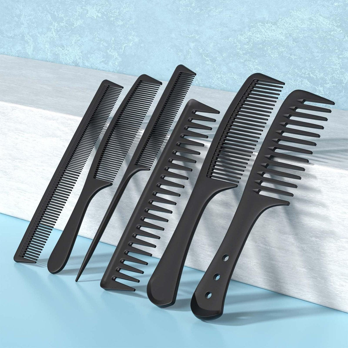 Kolavia 6 PCS Hair Comb Set Black - Durable Carbon Fiber Wide & Fine Tooth Rat Tail Combs for Detangling, Parting, Teasing, Styling & Cutting - görsel 6