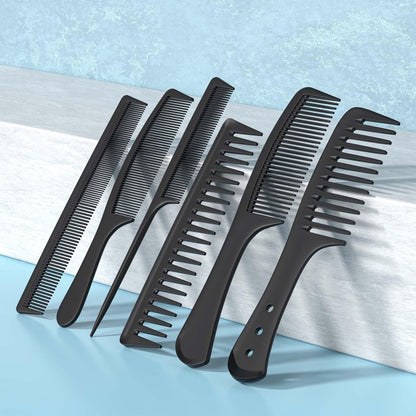 Kolavia 6 PCS Hair Comb Set Black - Durable Carbon Fiber Wide & Fine Tooth Rat Tail Combs for Detangling, Parting, Teasing, Styling & Cutting