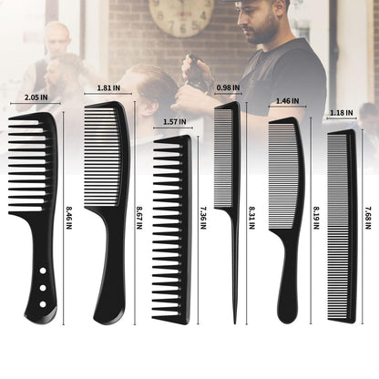 Kolavia 6 PCS Hair Comb Set Black - Durable Carbon Fiber Wide & Fine Tooth Rat Tail Combs for Detangling, Parting, Teasing, Styling & Cutting