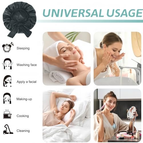 VECIIR Large Adjustable Silk Bonnet for Sleeping Women - Satin Hair Bonnet for Curly Hair, Reduces Friction & Prevents Frizz - Black - görsel 15