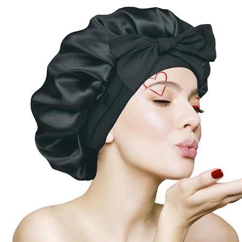 VECIIR Large Adjustable Silk Bonnet for Sleeping Women - Satin Hair Bonnet for Curly Hair, Reduces Friction & Prevents Frizz - Black - görsel 1