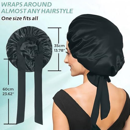 VECIIR Large Adjustable Silk Bonnet for Sleeping Women - Satin Hair Bonnet for Curly Hair, Reduces Friction & Prevents Frizz - Black