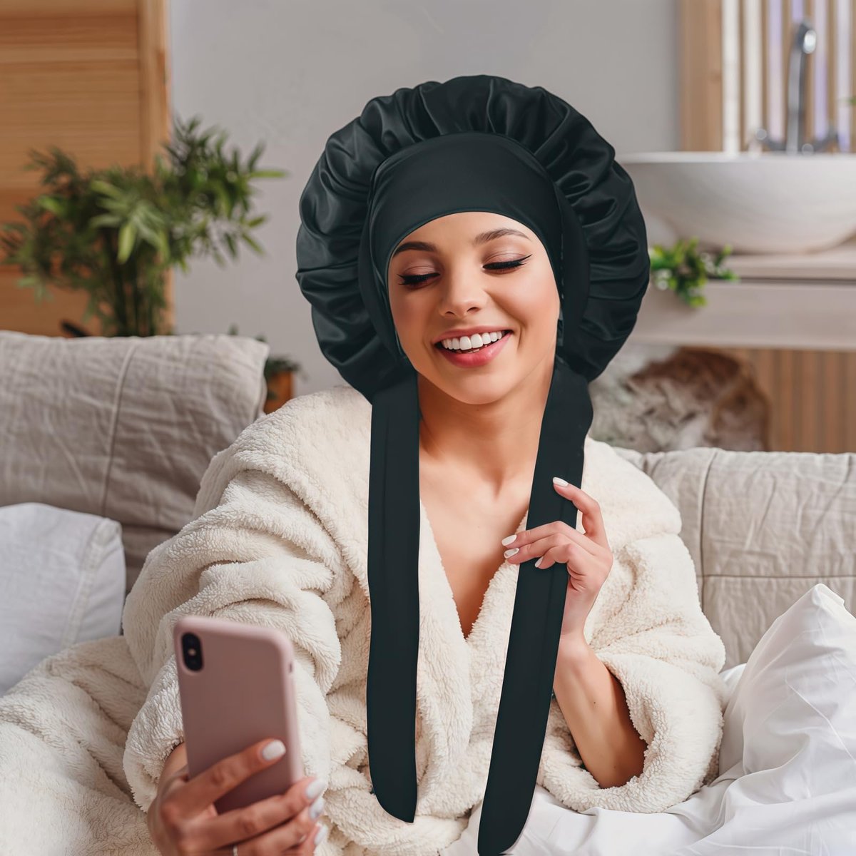 VECIIR Large Adjustable Silk Bonnet for Sleeping Women - Satin Hair Bonnet for Curly Hair, Reduces Friction & Prevents Frizz - Black - görsel 8