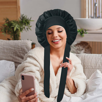 VECIIR Large Adjustable Silk Bonnet for Sleeping Women - Satin Hair Bonnet for Curly Hair, Reduces Friction & Prevents Frizz - Black