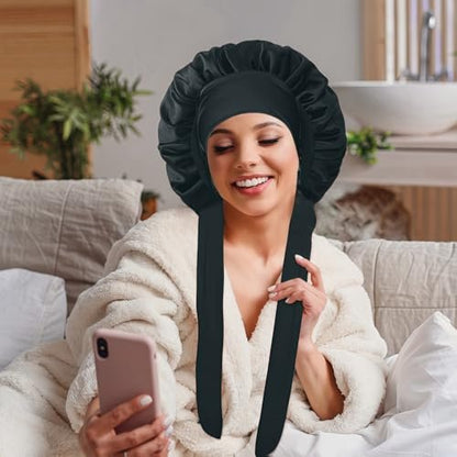 VECIIR Large Adjustable Silk Bonnet for Sleeping Women - Satin Hair Bonnet for Curly Hair, Reduces Friction & Prevents Frizz - Black