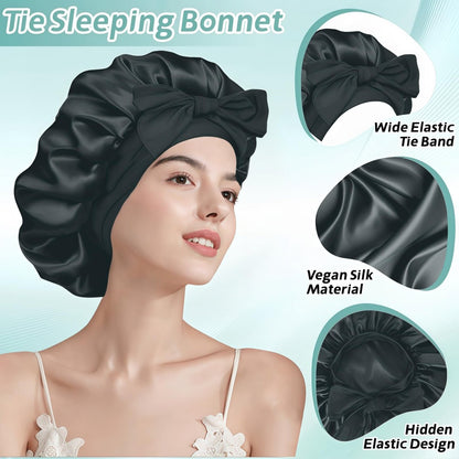 VECIIR Large Adjustable Silk Bonnet for Sleeping Women - Satin Hair Bonnet for Curly Hair, Reduces Friction & Prevents Frizz - Black