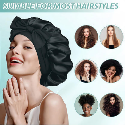 VECIIR Large Adjustable Silk Bonnet for Sleeping Women - Satin Hair Bonnet for Curly Hair, Reduces Friction & Prevents Frizz - Black