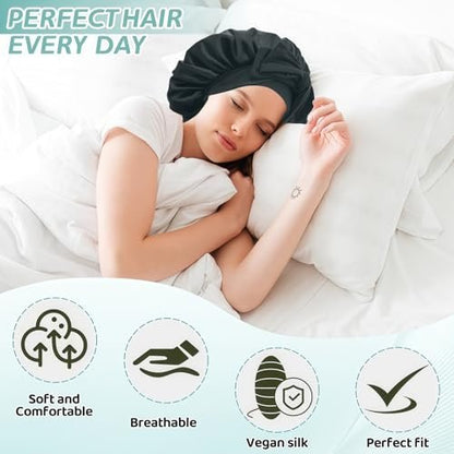 VECIIR Large Adjustable Silk Bonnet for Sleeping Women - Satin Hair Bonnet for Curly Hair, Reduces Friction & Prevents Frizz - Black