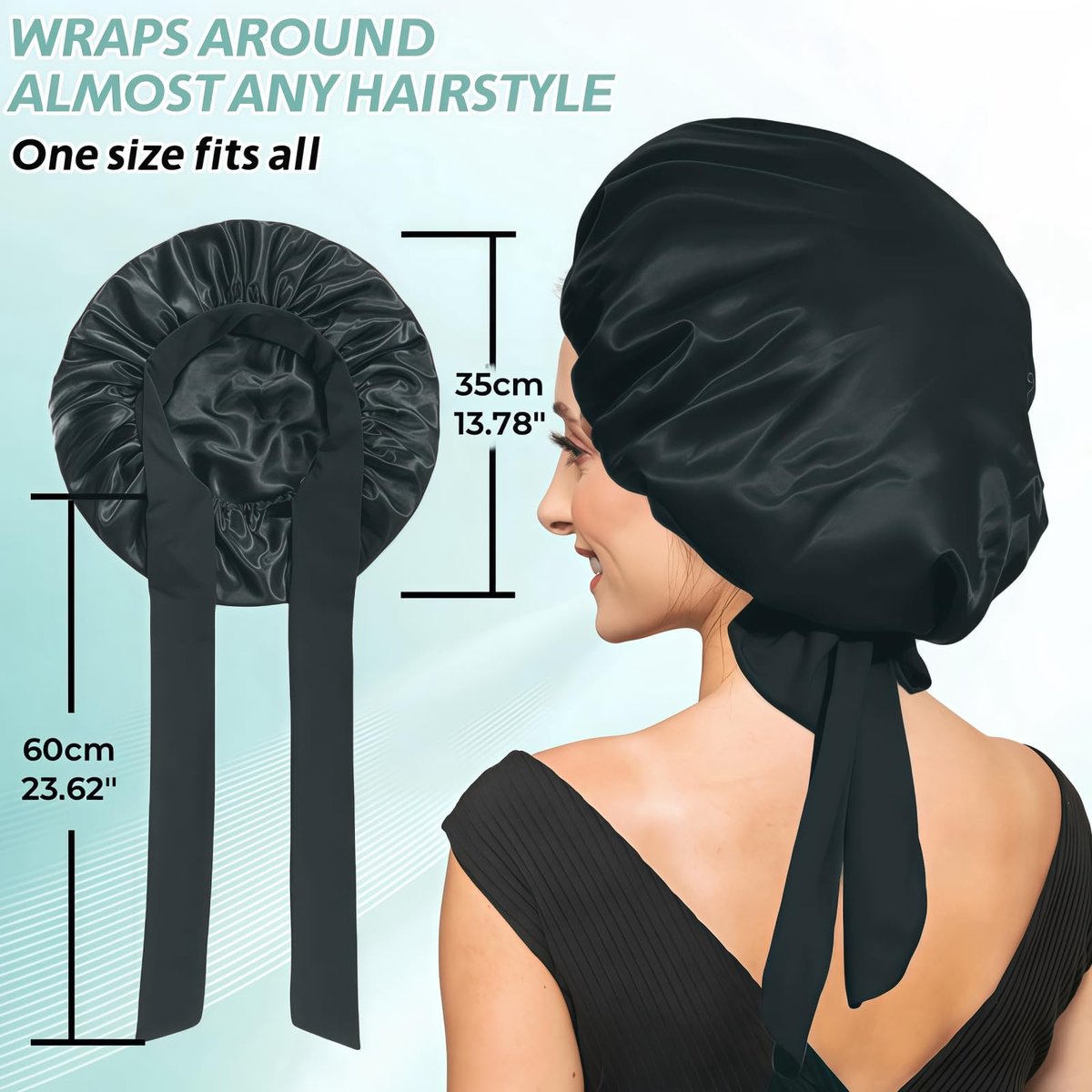 VECIIR Large Adjustable Silk Bonnet for Sleeping Women - Satin Hair Bonnet for Curly Hair, Reduces Friction & Prevents Frizz - Black - görsel 14