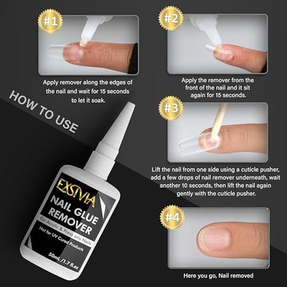 Exsivia Nail Glue Remover for Press On & Glue On Nails - 50mL Non-Acetone Gentle Low Odor Debonder Serum, Fast Removal for False Tips