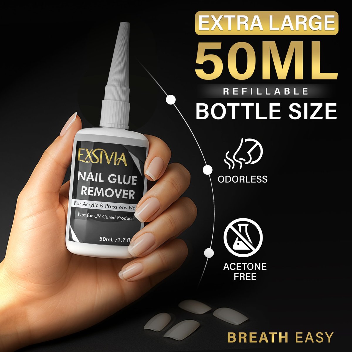 Exsivia Nail Glue Remover for Press On & Glue On Nails - 50mL Non-Acetone Gentle Low Odor Debonder Serum, Fast Removal for False Tips - görsel 3