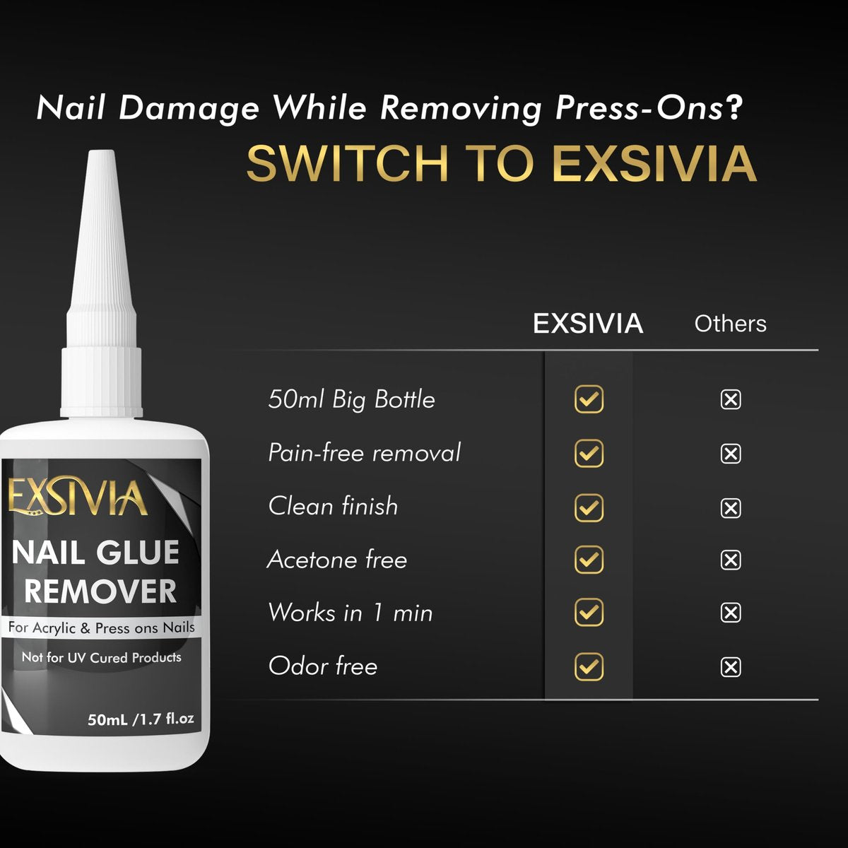 Exsivia Nail Glue Remover for Press On & Glue On Nails - 50mL Non-Acetone Gentle Low Odor Debonder Serum, Fast Removal for False Tips - görsel 7