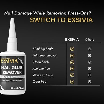 Exsivia Nail Glue Remover for Press On & Glue On Nails - 50mL Non-Acetone Gentle Low Odor Debonder Serum, Fast Removal for False Tips