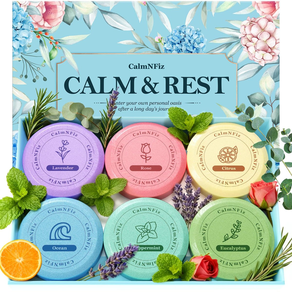 CalmNFiz 6 Pack Shower Steamers Aromatherapy - Relaxation & Self Care Gift for Women and Men, Natural Essential Oil Shower Bombs for Stress Relief, Birthday, Mother’s Day - görsel 1