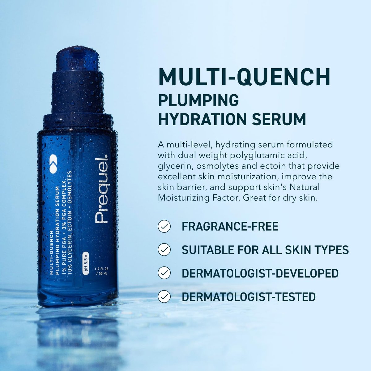 Prequel Skin Multi-Quench Plumping Hydration Serum - Intensive Hydrating Facial Serum for Dry & Sensitive Skin with PGA Complex, 1.7 oz Avelisse