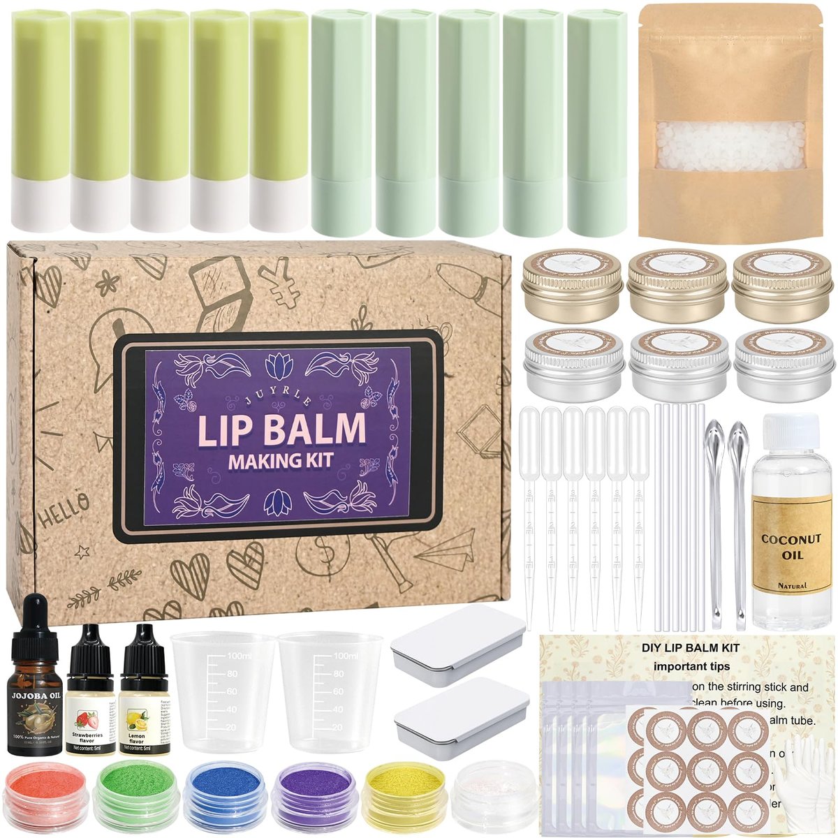JUYRLE Coconut Lip Balm Making Kit – DIY Moisturizing Lip Care with Beeswax & Jojoba Oil for Adults & Girls Avelisse