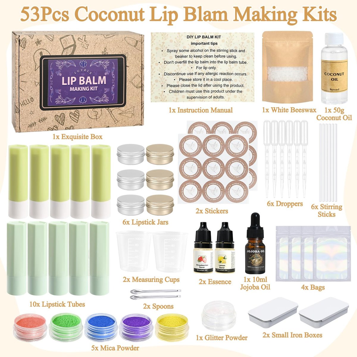 JUYRLE Coconut Lip Balm Making Kit – DIY Moisturizing Lip Care with Beeswax & Jojoba Oil for Adults & Girls Avelisse