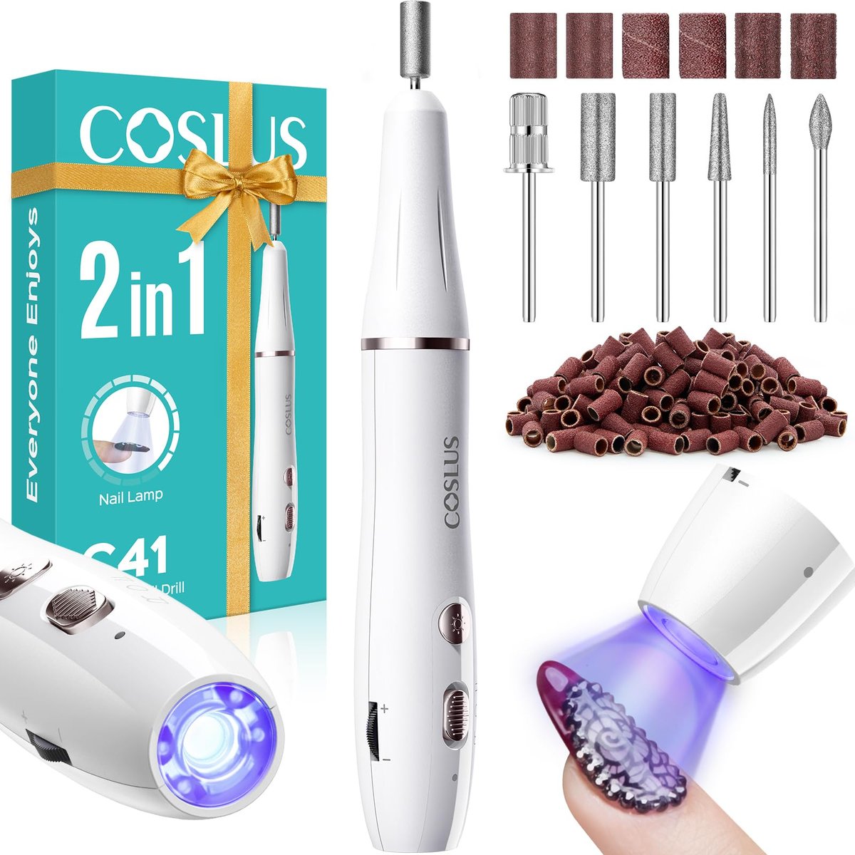 COSLUS Cordless Nail Drill C41 (END04): 2-in-1 Nail File with Flash Cure for Acrylic, Gel, Dip Powder Nails - Stepless Speed Control, Portable Professional Pedicure Kit for Home DIY Avelisse