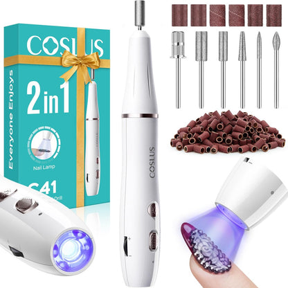 COSLUS Cordless Nail Drill C41 (END04): 2-in-1 Nail File with Flash Cure for Acrylic, Gel, Dip Powder Nails - Stepless Speed Control, Portable Professional Pedicure Kit for Home DIY Avelisse