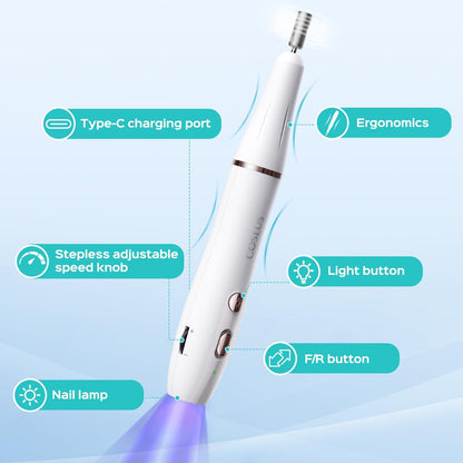 COSLUS Cordless Nail Drill C41 (END04): 2-in-1 Nail File with Flash Cure for Acrylic, Gel, Dip Powder Nails - Stepless Speed Control, Portable Professional Pedicure Kit for Home DIY Avelisse