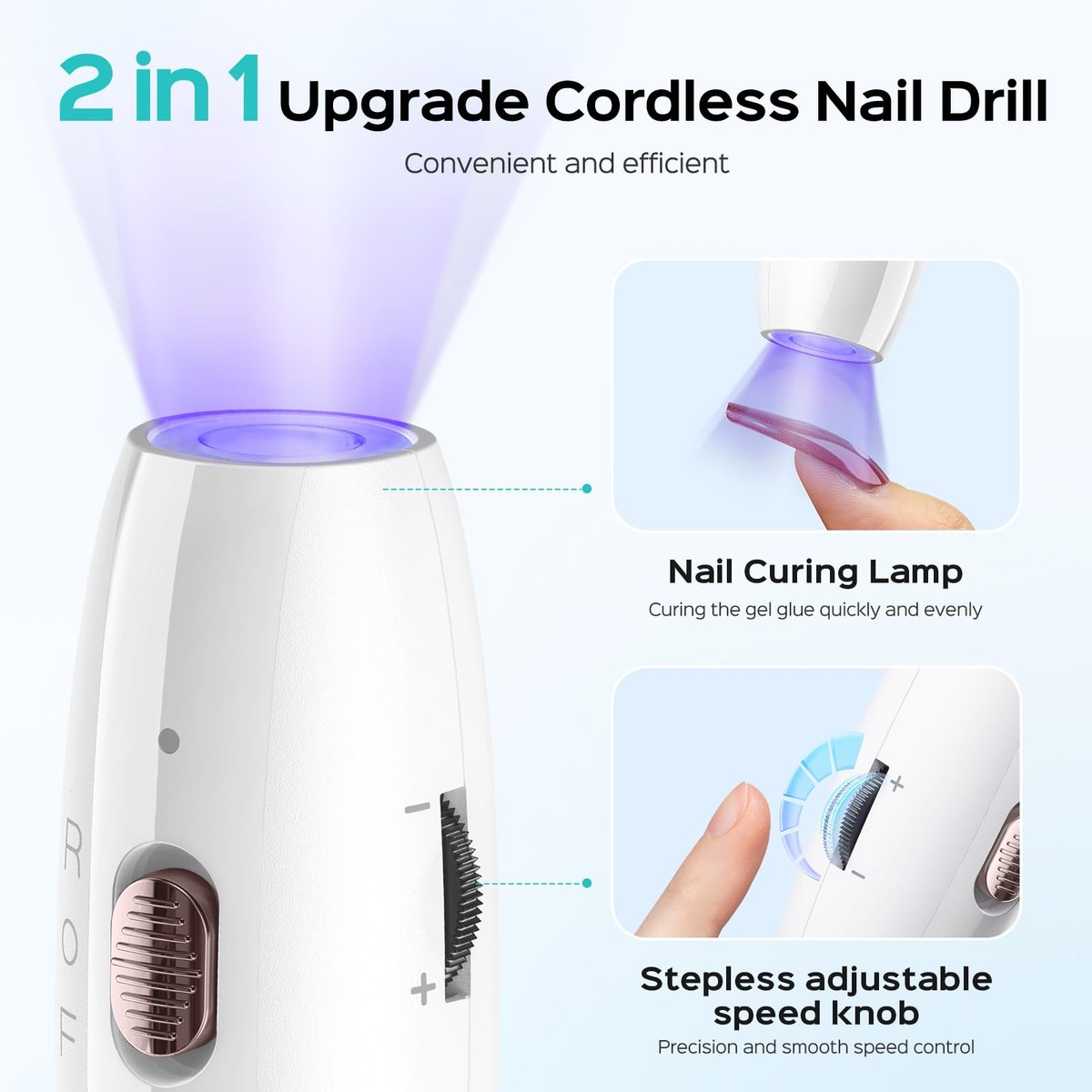COSLUS Cordless Nail Drill C41 (END04): 2-in-1 Nail File with Flash Cure for Acrylic, Gel, Dip Powder Nails - Stepless Speed Control, Portable Professional Pedicure Kit for Home DIY Avelisse
