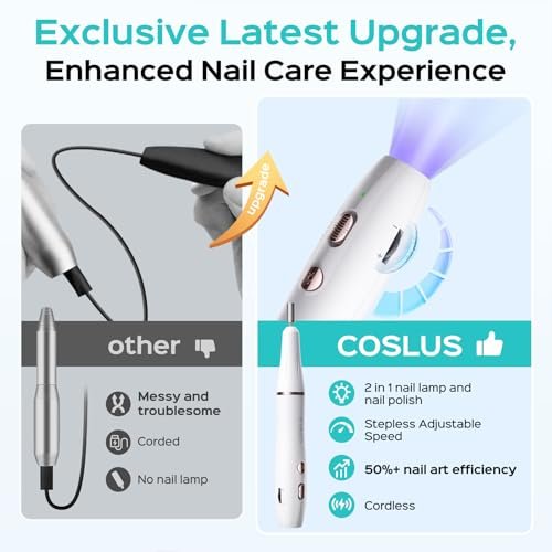 COSLUS Cordless Nail Drill C41 (END04): 2-in-1 Nail File with Flash Cure for Acrylic, Gel, Dip Powder Nails - Stepless Speed Control, Portable Professional Pedicure Kit for Home DIY Avelisse
